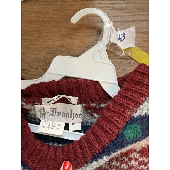 Vintage 90s Hand Knit Cowichan Wool Rainbow Fair Isle Sweater Mens Medium - Picture 4 of 7